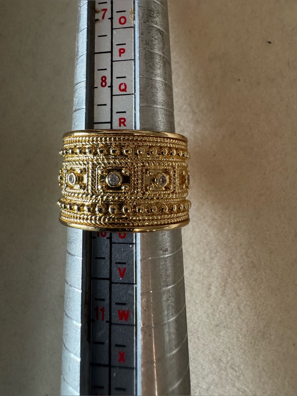 Gold-Tone Filigree ornate Wide Band Ring with Clear Accent Stones size 9